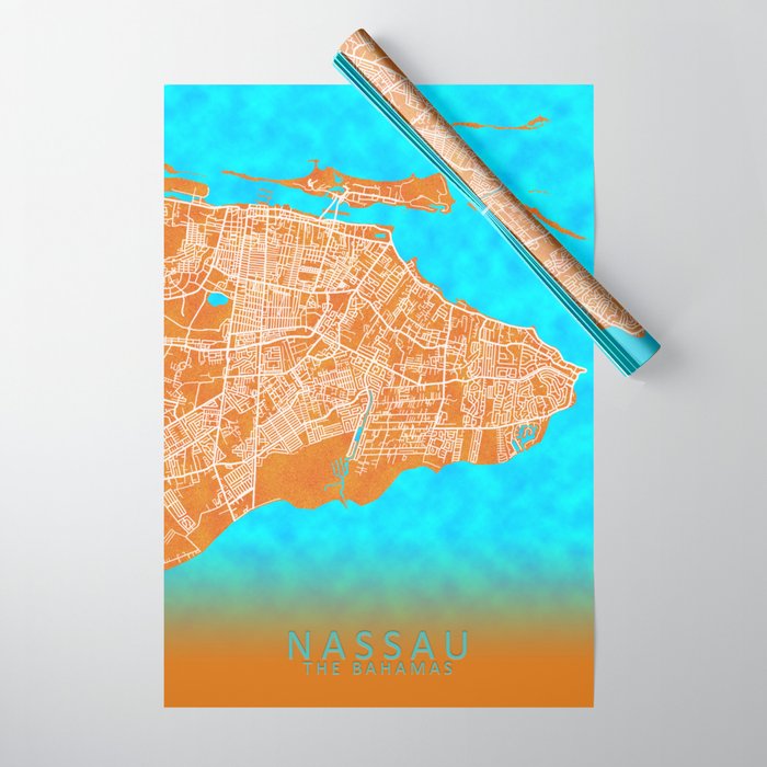 Nassau, The Bahamas, Gold, Blue, City, Map Wrapping Paper by City Map