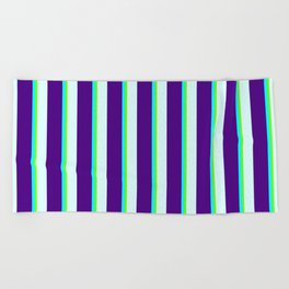 [ Thumbnail: Light Cyan, Indigo, Aqua, and Green Colored Lined/Striped Pattern Beach Towel ]