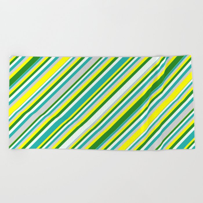Eyecatching Yellow, Forest Green, Mint Cream, Light Sea Green, and Light Grey Colored Lined Pattern Beach Towel