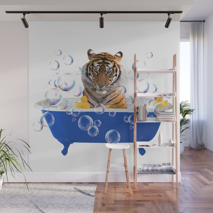 Wild Tiger - Blue Bathtub Soap Bubbles Rubber Duck Wall Mural