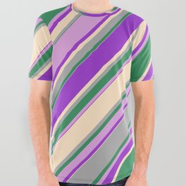 [ Thumbnail: Colorful Dark Orchid, Bisque, Dark Gray, Sea Green & Plum Colored Lines Pattern All Over Graphic Tee ]