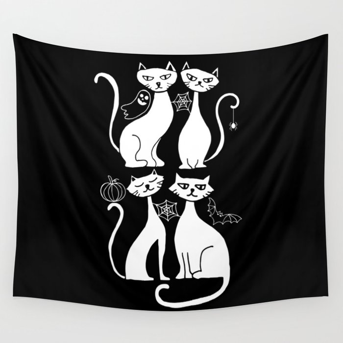 Spooky halloween cats black and white illustration Wall Tapestry