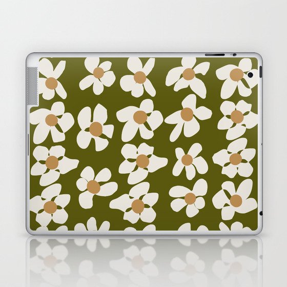 White Flowers khaki green background Laptop & iPad Skin