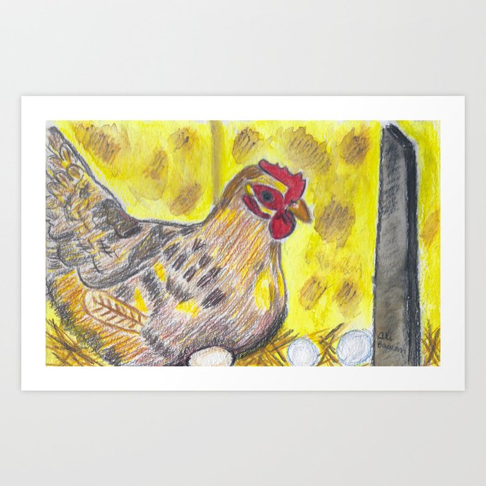 Henrietta the Hen Laying on Eggs on top of Straw Art Print