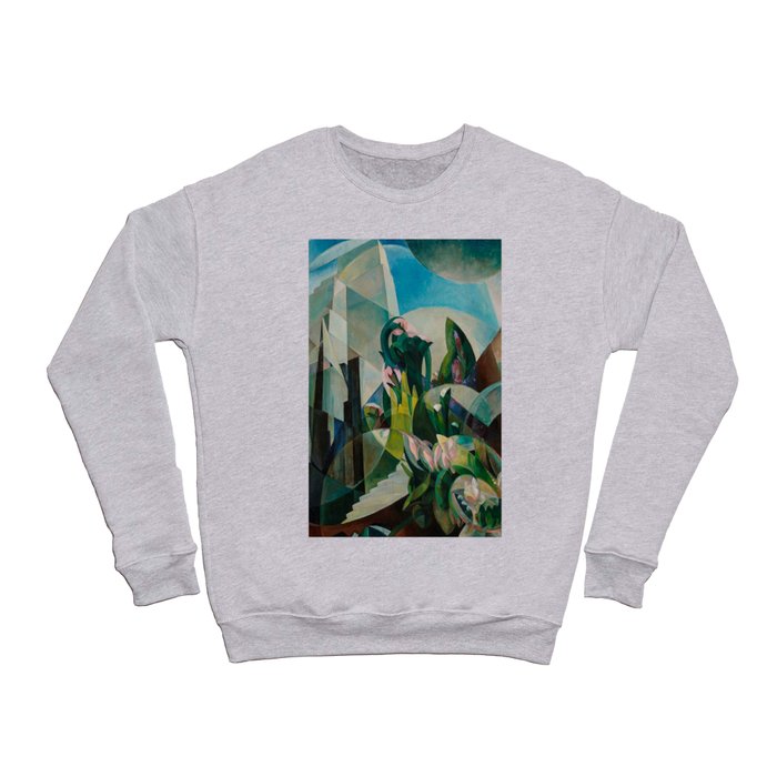 The White Tower, cubist cityscape with orchids by Mary Swanzy Crewneck Sweatshirt