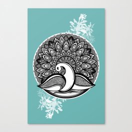 Black White Peacock on Green Background  Canvas Print
