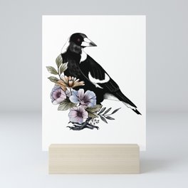 Magpie bird black and white and flowers Mini Art Print