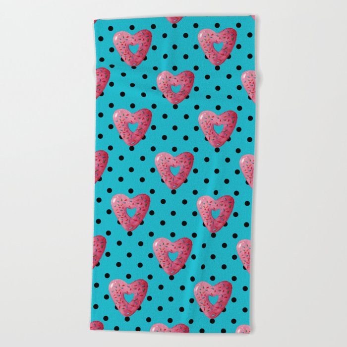 Pink plaid watercolor heart shaped donuts with polka dots on blue background Beach Towel