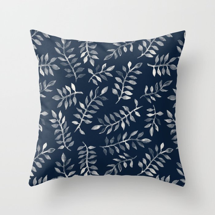 White Leaves on Navy - a hand painted pattern Throw Pillow