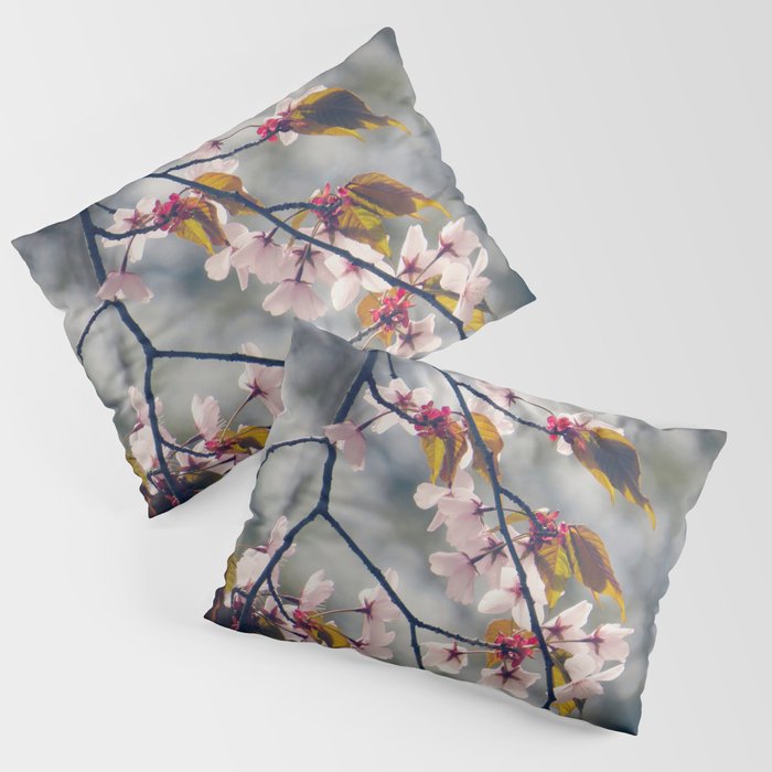 crabapple blossom - pretty pink blossoms on grey background Pillow Sham