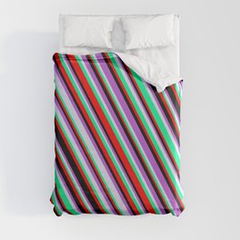 [ Thumbnail: Lavender, Green, Red, Black & Orchid Colored Lines/Stripes Pattern Duvet Cover ]