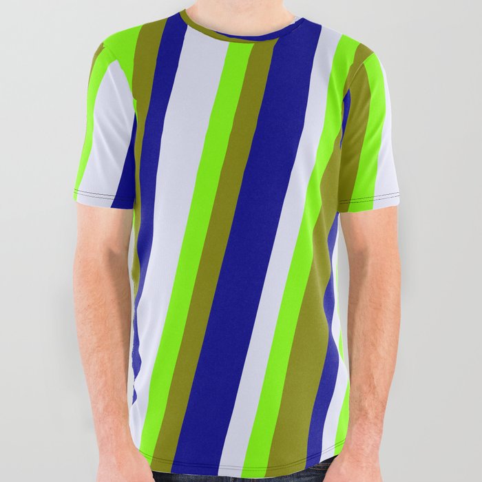 Chartreuse, Green, Dark Blue & Lavender Colored Stripes/Lines Pattern All Over Graphic Tee
