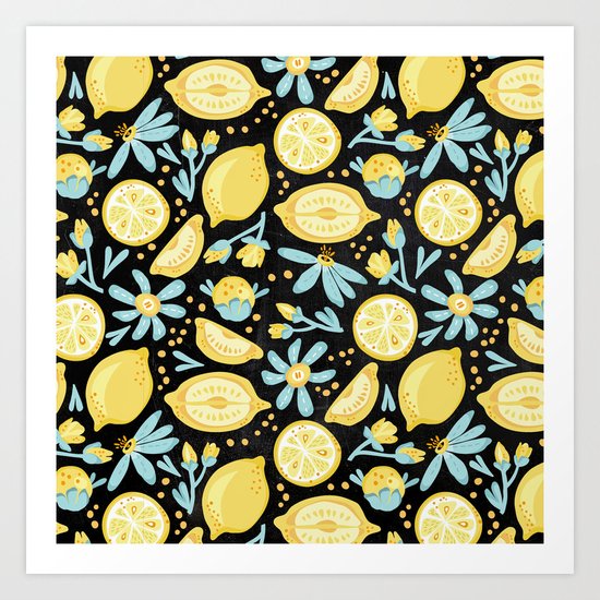 Lemon Pattern Black Art Print