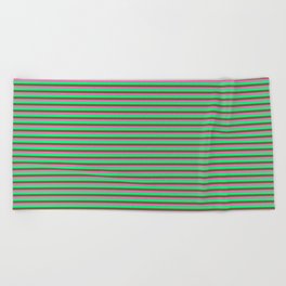 [ Thumbnail: Hot Pink, Green, and Dark Olive Green Colored Striped Pattern Beach Towel ]