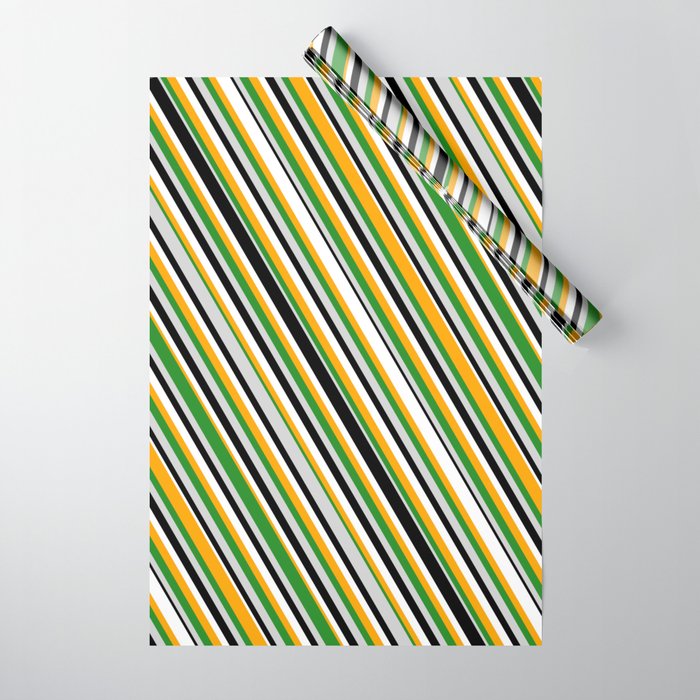 Orange, Forest Green, Light Grey, Black & White Colored Striped Pattern Wrapping Paper