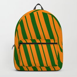 [ Thumbnail: Dark Orange & Dark Green Colored Striped/Lined Pattern Backpack ]
