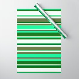 [ Thumbnail: Green, Dark Green, Mint Cream, and Dark Olive Green Colored Stripes/Lines Pattern Wrapping Paper ]