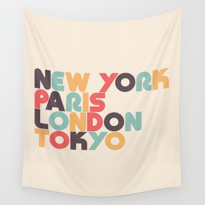 New York Paris London Tokyo Typography - Retro Rainbow Wandbehang