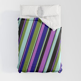 [ Thumbnail: Eyecatching Orchid, Dark Blue, Green, Turquoise, and Black Colored Stripes/Lines Pattern Duvet Cover ]