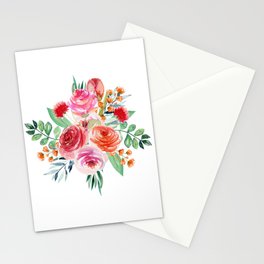 Red Pink Roses Floral Watercolor Stationery Card