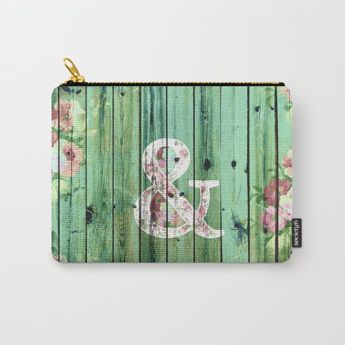 Vintage Floral Ampersand Turquoise Beach Wood Carry-All Pouch
