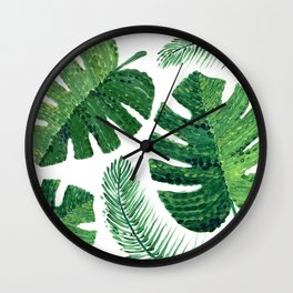 Monstera leaves and palm leaves Wall Clock