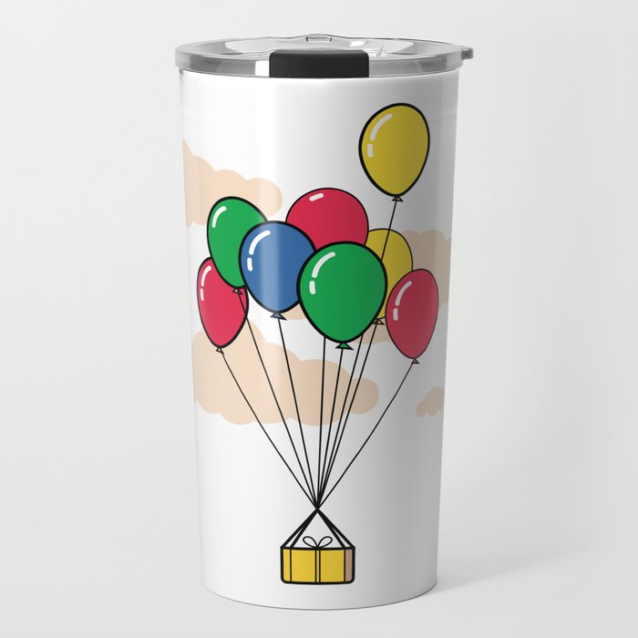 Gift box tied to balloons floating in the sky Travel Mug