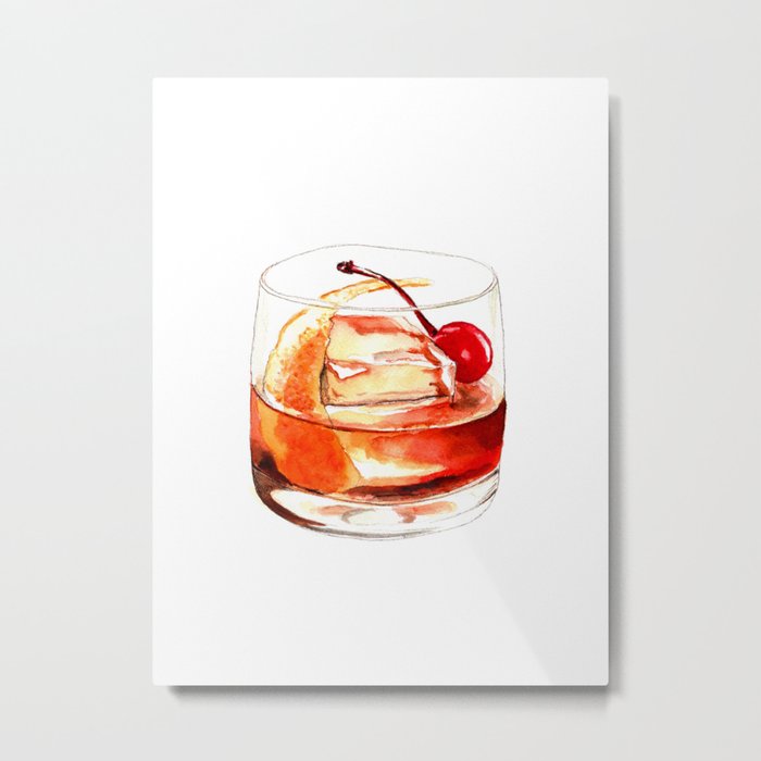 Cocktails. Old Fashioned. Watercolor Painting. Metal Print