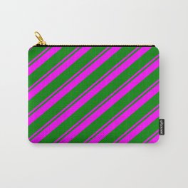 [ Thumbnail: Fuchsia & Green Colored Striped Pattern Carry-All Pouch ]