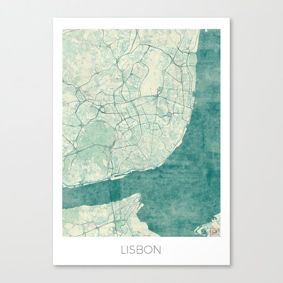 Lisbon Map Blue Vintage Canvas Print