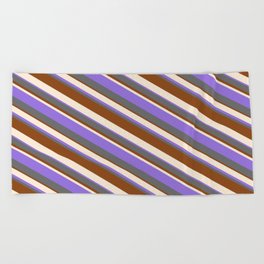 [ Thumbnail: Beige, Purple, Dim Grey, and Brown Colored Striped/Lined Pattern Beach Towel ]