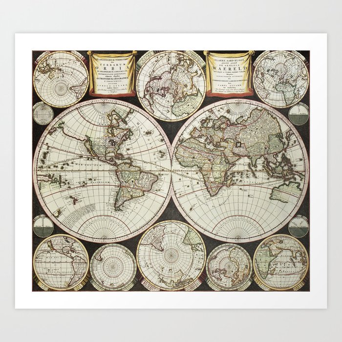 Vintage map of the World 1696 Art Print