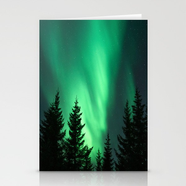 Northern Lights in the Woods Photo | Aurora Borealis in Norway Nature Art Print | Colorful Night Travel Photography Stationery Cards