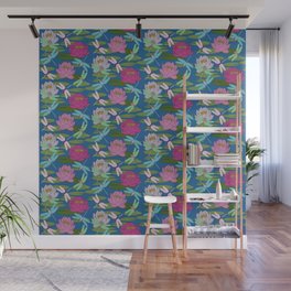 Water Lilies & Dragonflies Blue Wall Mural