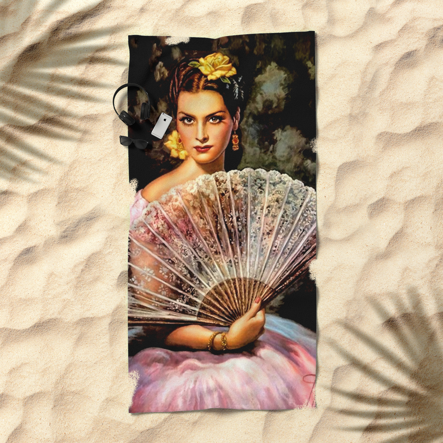 Jesus Helguera Painting Of Spanish Beauty With Lacey Fan Beach