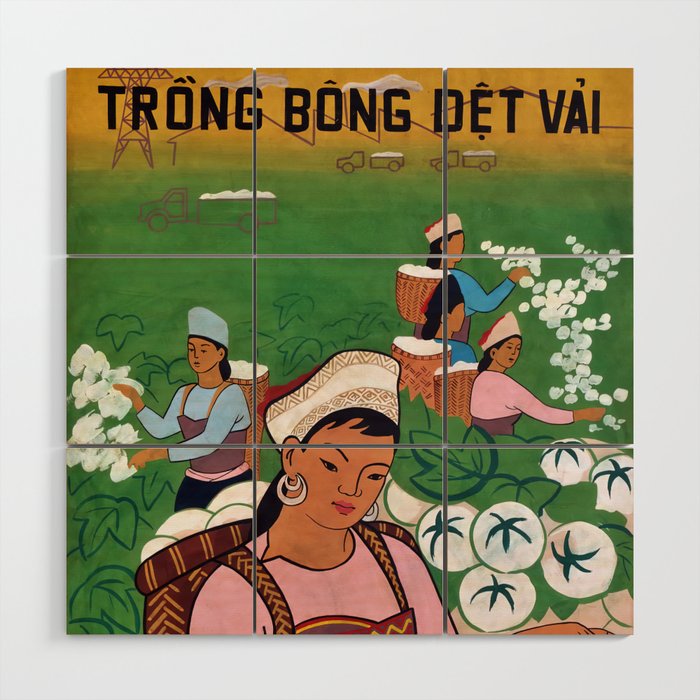 Vietnamese Poster: Cotton Cultivation, Fabric Weaving Trồng bông, dệt vải  Wood Wall Art