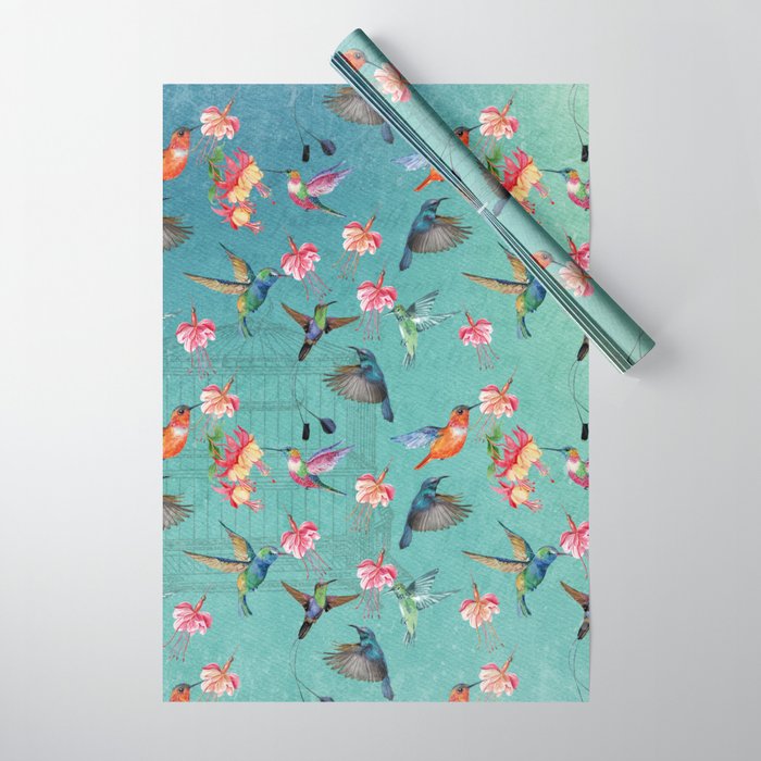 Vintage Watercolor hummingbirds and fuchsia flowers Wrapping Paper