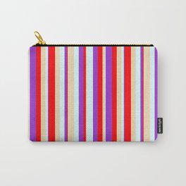 [ Thumbnail: Red, Dark Orchid, Light Cyan, and Tan Colored Stripes Pattern Carry-All Pouch ]