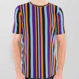 [ Thumbnail: Dark Orange, Black, Sky Blue, and Indigo Colored Striped Pattern All Over Graphic Tee ]