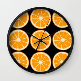 Oranges on Black, Fruit Pattern Wall Clock