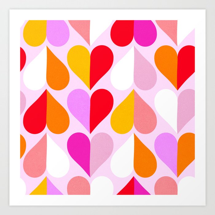 Mid Mod Geometric Valentine's Hearts in Pink, Red and Orange 1. Portrait Art Print
