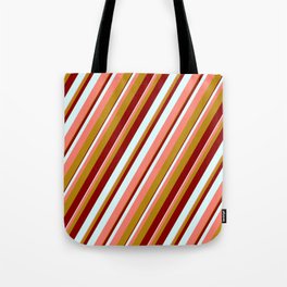 [ Thumbnail: Dark Red, Light Cyan, Salmon, and Dark Goldenrod Colored Lined Pattern Tote Bag ]