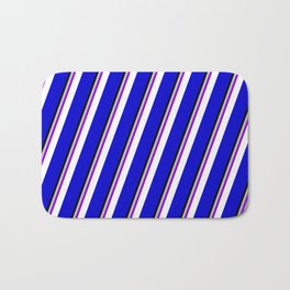 [ Thumbnail: Colorful Grey, Dark Violet, White, Blue & Black Colored Stripes Pattern Bath Mat ]