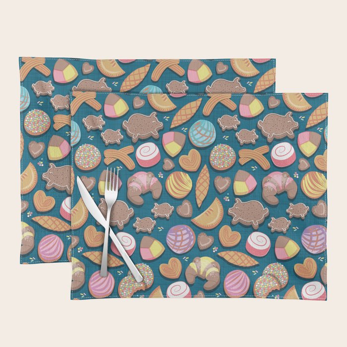 Mexican Sweet Bakery Frenzy // turquoise background // pastel colors pan dulce Placemat by Selma