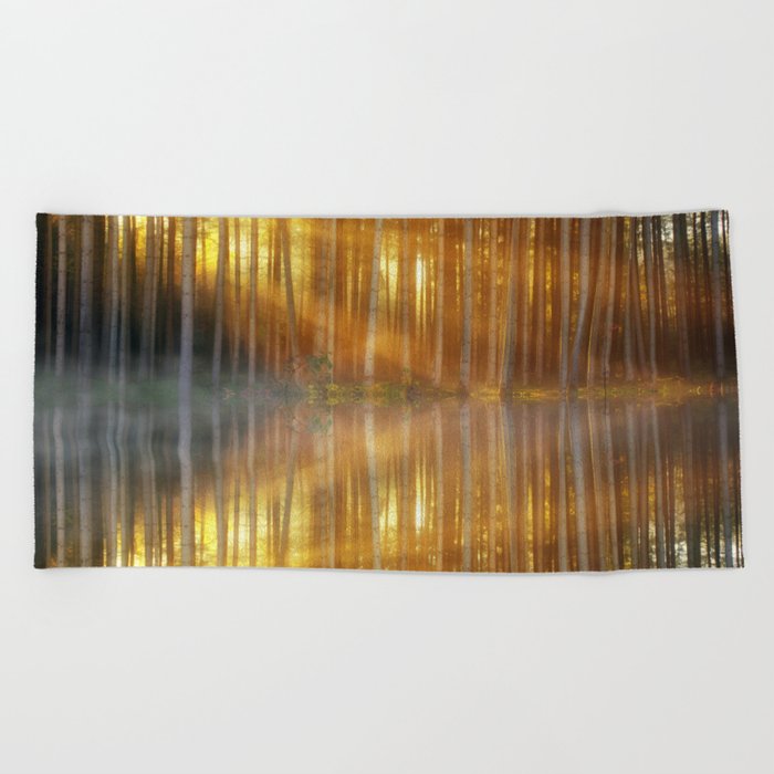 Mirrored lake reflection of morning aspen trees in the morning fog and sunshine nature landscape magical realism photograph / photography Beach Towel