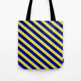 [ Thumbnail: Sea Green, Turquoise, Yellow & Blue Colored Stripes Pattern Tote Bag ]