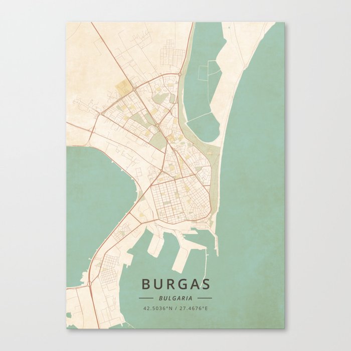 Burgas, Bulgaria - Vintage Map Canvas Print