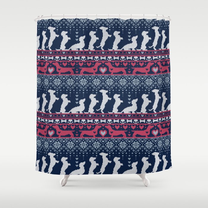 Fair Isle Knitting Doxie Love // navy blue background white and red dachshunds dogs bones paws and hearts Shower Curtain