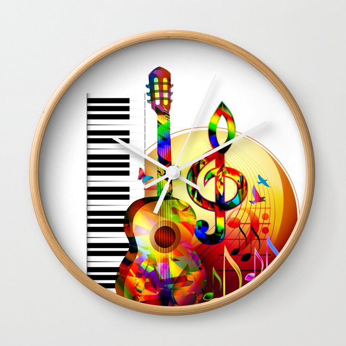 Colorful  music instruments painting, guitar, treble clef, piano, musical notes, flying birds Wall Clock