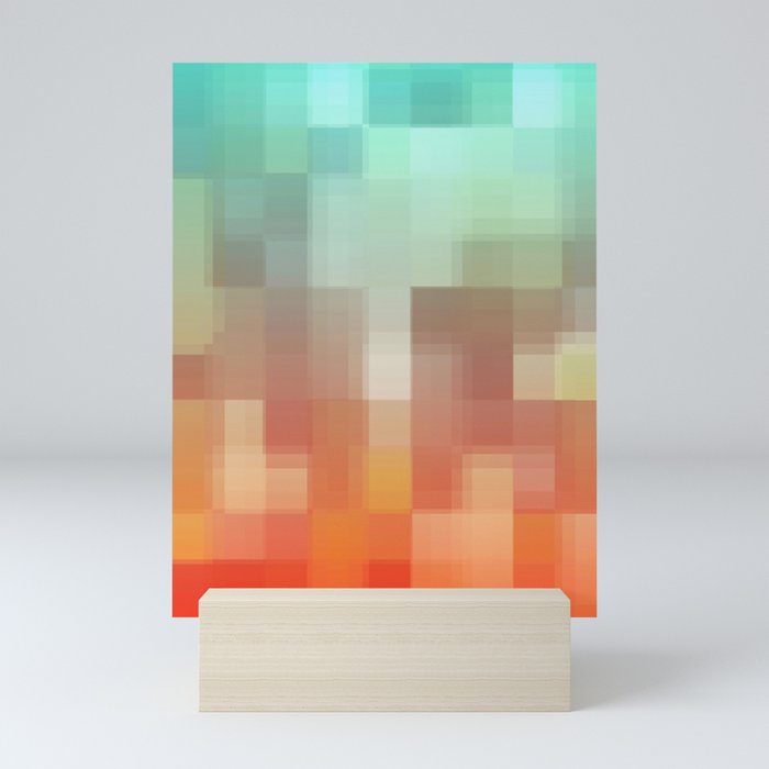 geometric pixel square pattern abstract background in orange brown blue Mini Art Print